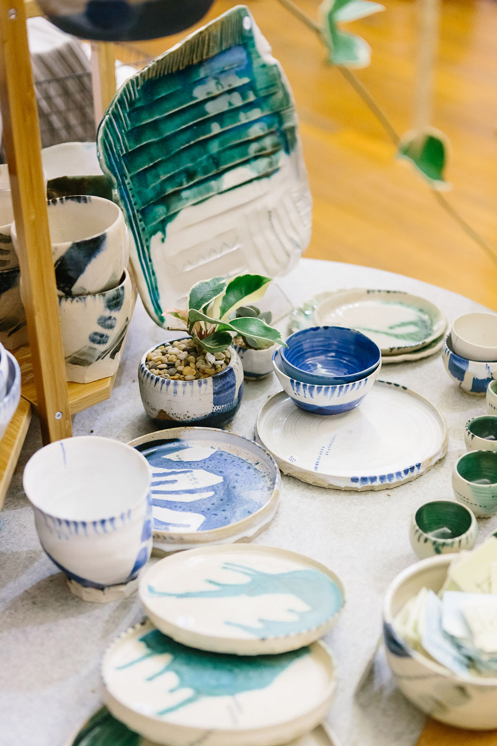 Beautiful handmade ceramic pieces on display by Brush and Wheel