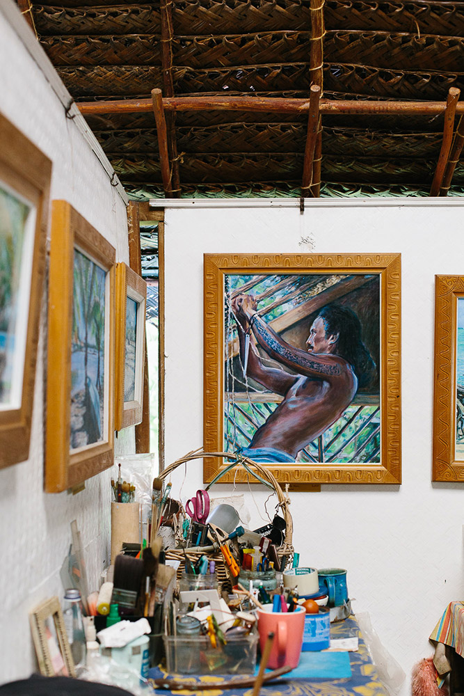 An artists work hangs in her studio hut