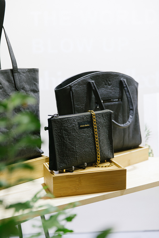 Sustainable label Ahimsa Collective vegan leather handbags made using pinatex