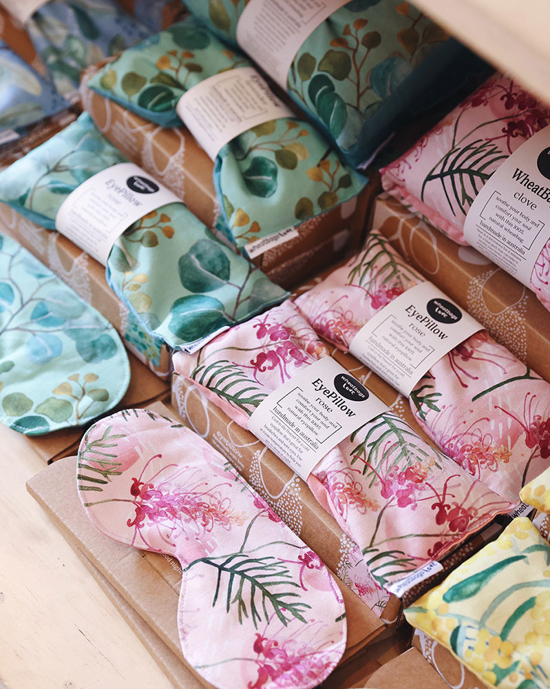 Melbourne made wheatbags, eye masks and eye pillows by Wheatbags Love featured in green, pink and yellow botanical prints