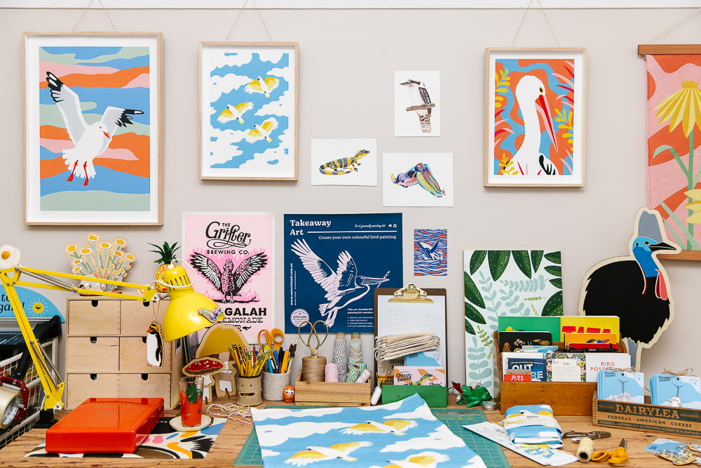 Home studio of Outer Island with lots of colourful prints and memorabilia