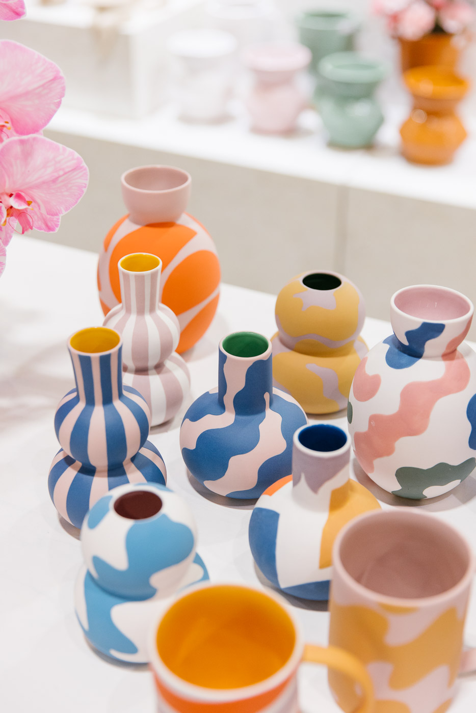 Jones and Co ceramic vases featured in bright bold colours and graphic patterns