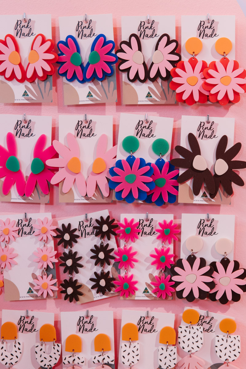 Bright coloured earrings on display at Pink Nade stall at The Finders Keepers Market Melbourne