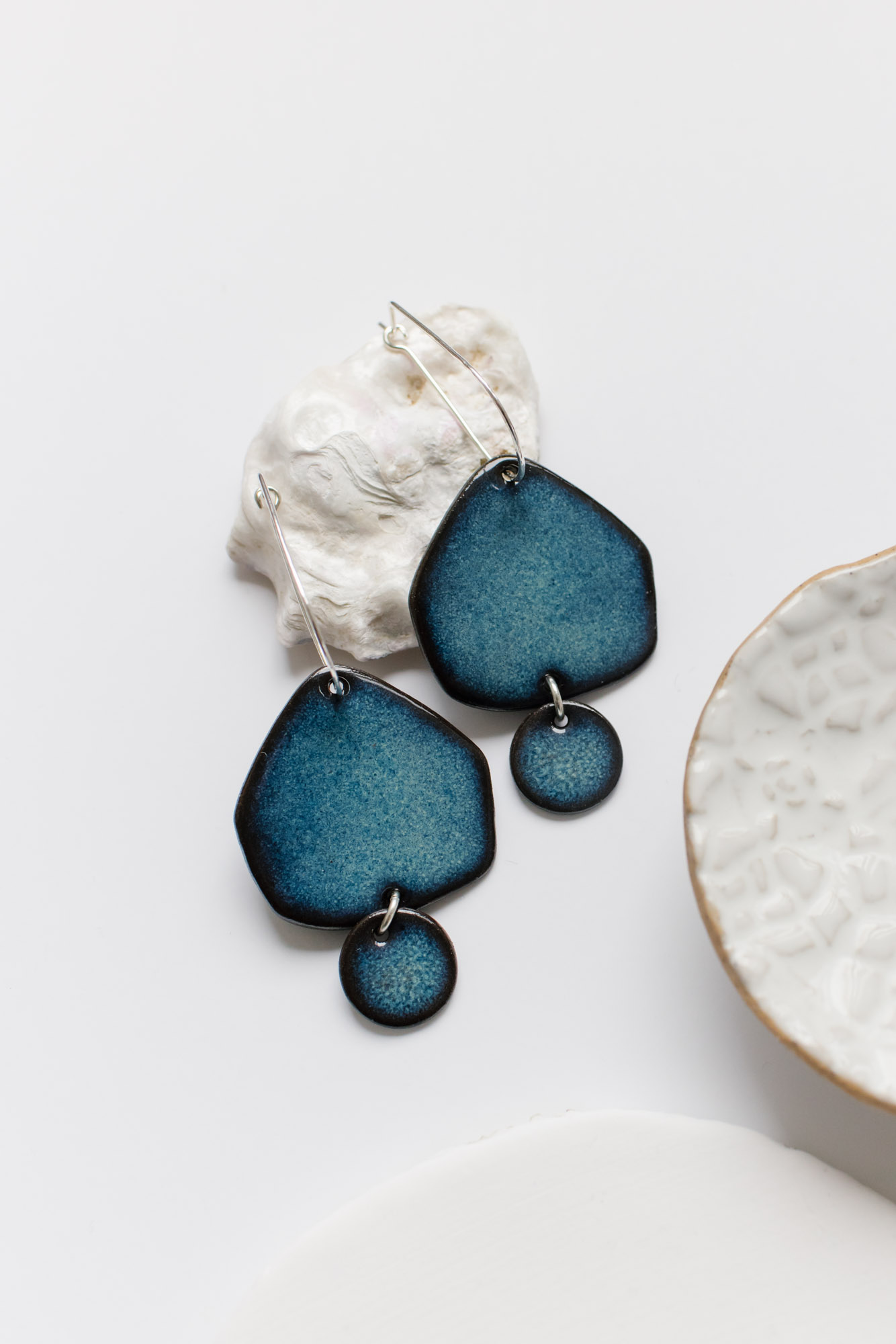 Ocean blue glazed ceramic earrings with stainless steel clasps made by Meraki Fire Ceramics Sydney