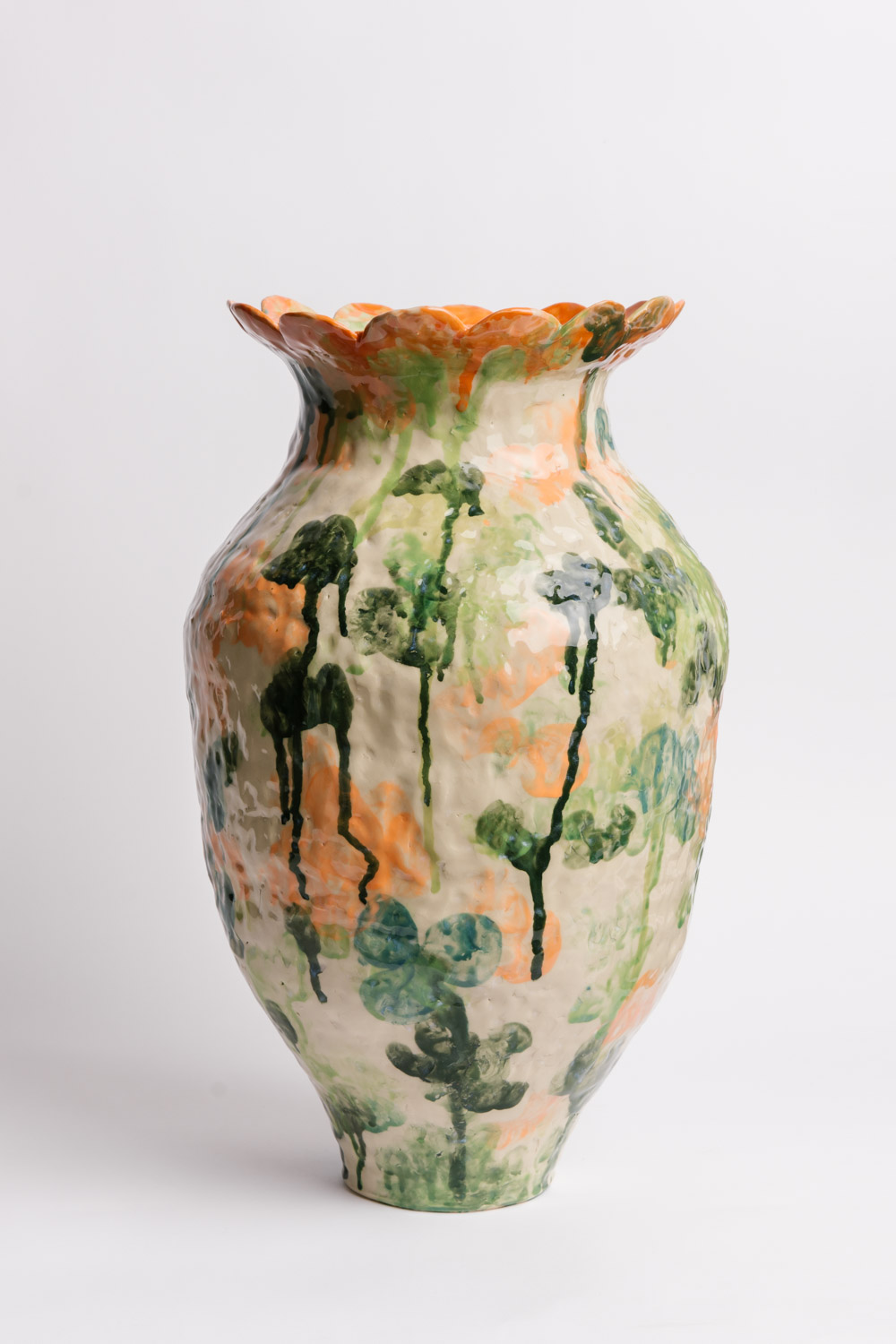 Large hand built ceramic vessel with painterly details in orange and greens, by Susan Buret, photo by Samee Lapham