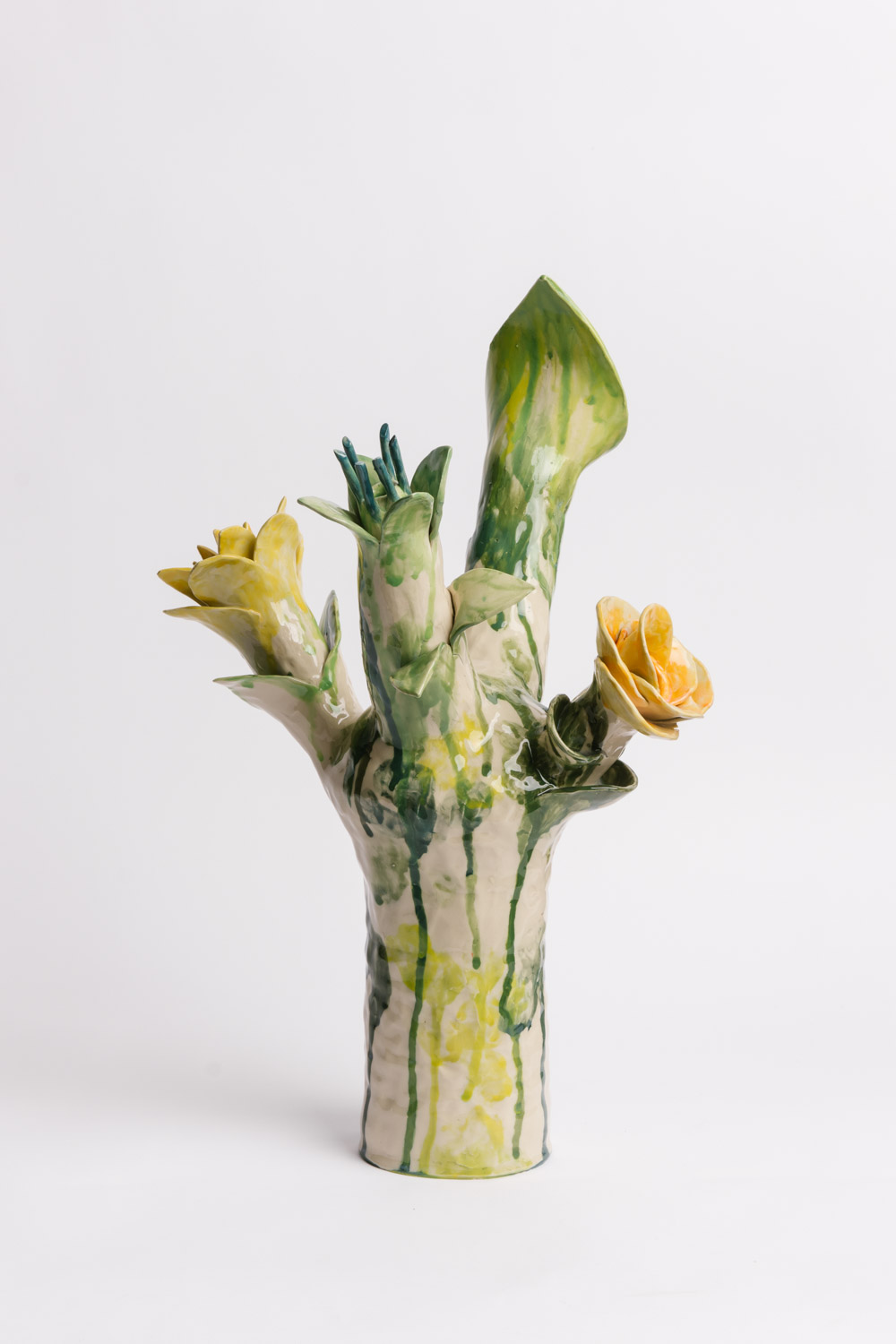 Hand built ceramic vessel emulating a growing plant with four thick stems of flowers reaching for the sky, created by Susan Buret, photo by Samee Lapham