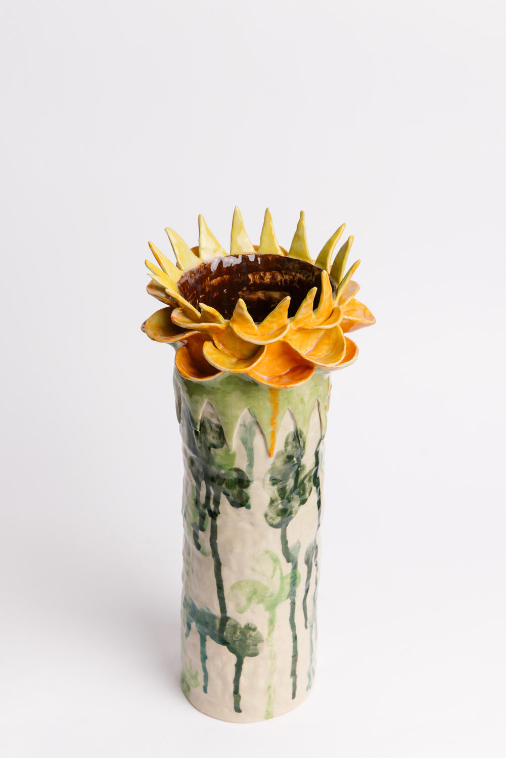 Large hand built ceramic vase emulating a sunflower, by Susan Buret, photo by Samee Lapham