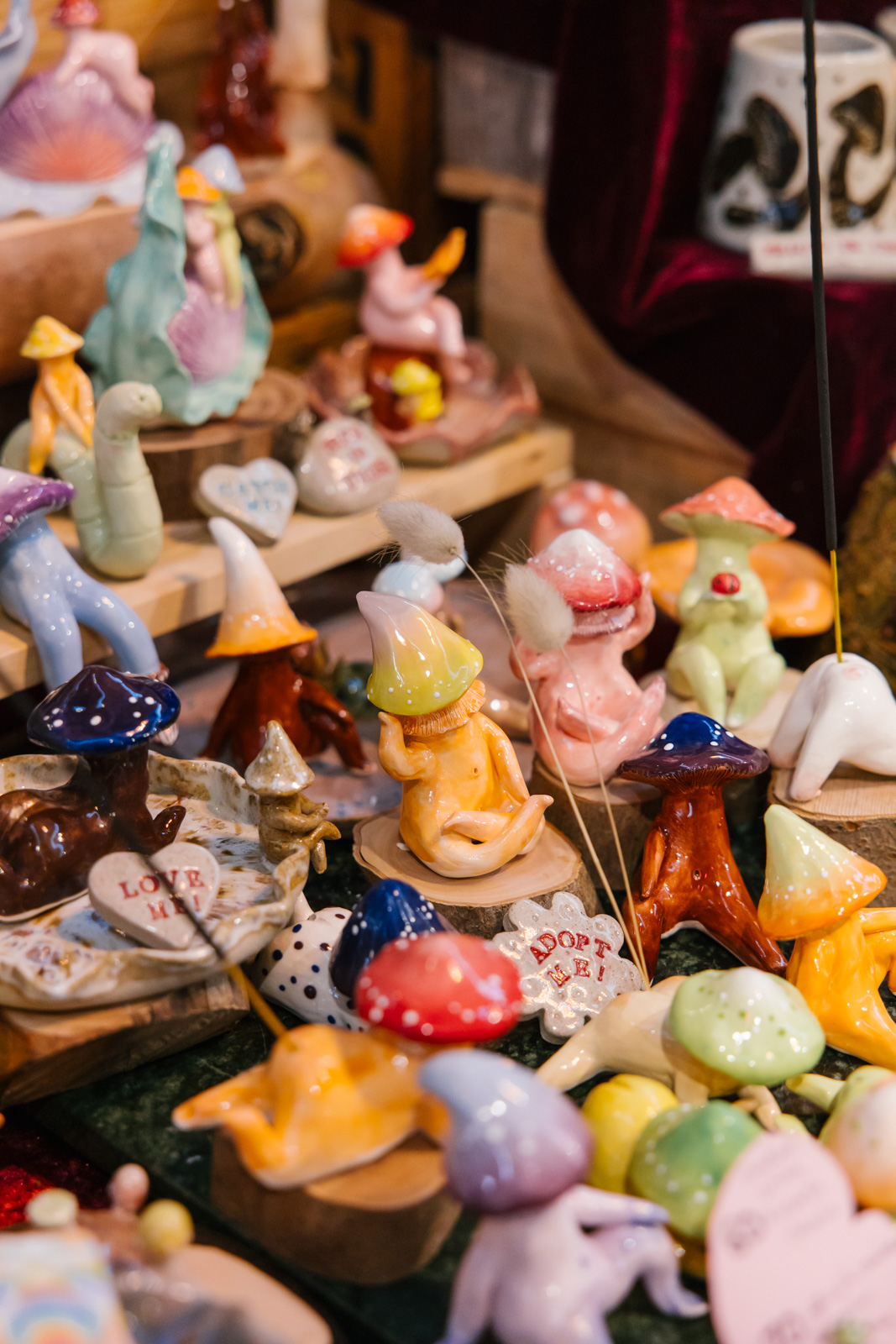 Close up of Moon's Clayground mushroom ceramic characters at The Finders Keepers Melbourne